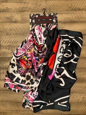 Ed Hardy Colorful Tattoo-Print & Black-Pink Scarf Duo